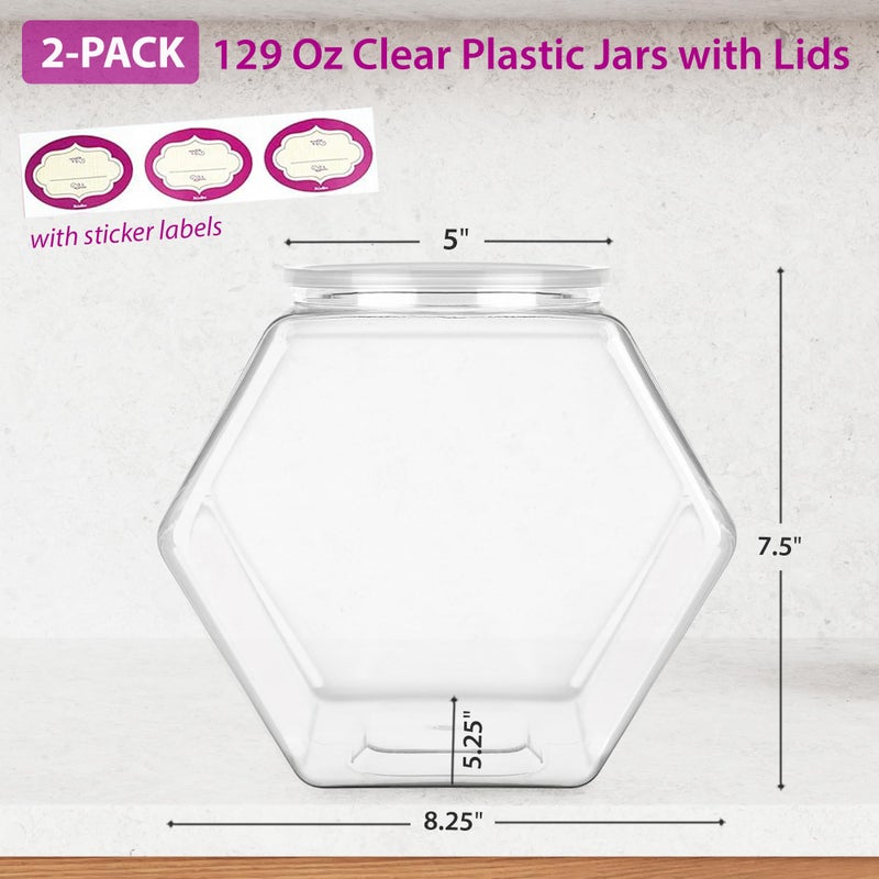 DilaBee 2-Pack Plastic Cookie Jar - 1 Gallon Hexagon Candy Jars with Lids for Candy Buffet, Kitchen & Office - Clear Jars with Lids for Cookies, Candies & Dry Food - Plastic Jar with Labels - BPA-Free - Image 2